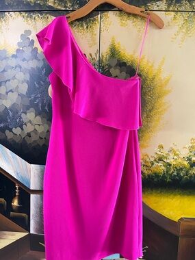 Trina Turk One-Shoulder Ruffle Dress in Fuchsia Sz 4